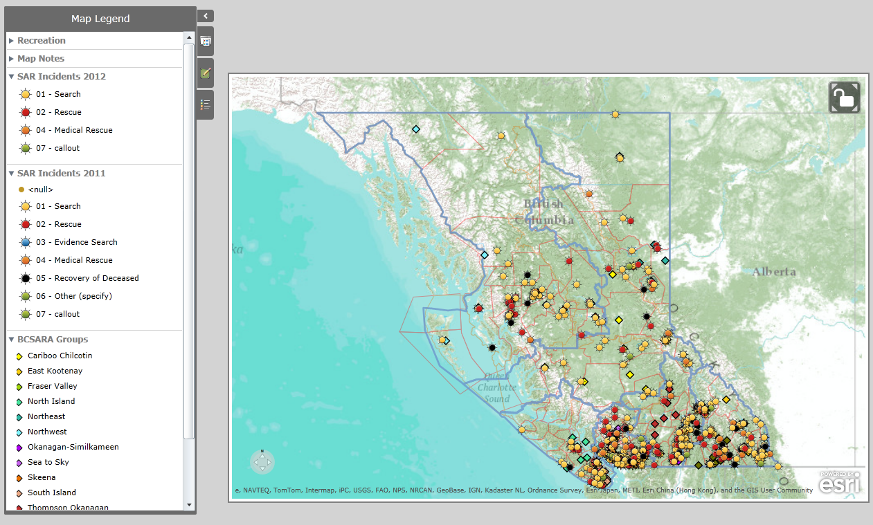 Map of SAR Incidents in BC 2011